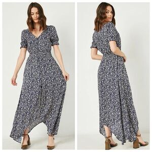 Hayden Casey Maxi Dress Sz L Blue Ditsy Floral Smocked Waist Cottagecore